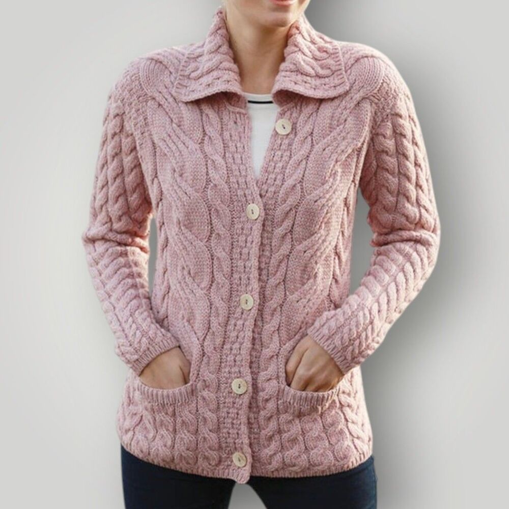Ireland Aran Knit Super Soft Merino Wool Shawl Cardigan Sweater Womans XL Pink